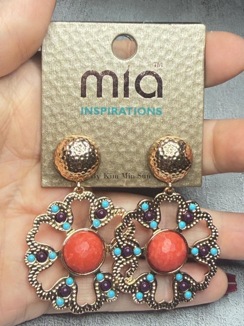 Mia Inspirations Earrings Kim Min Sun Orange Rhinestones Vintage NOS